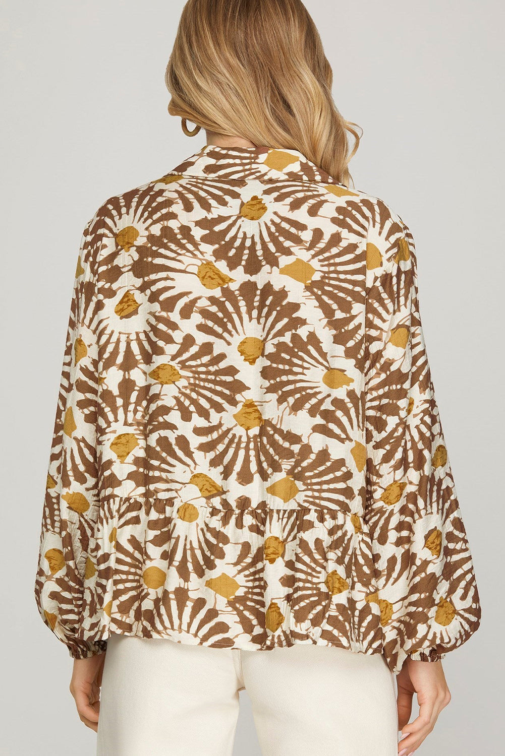 Khaki Abstract Floral Print Ruffle Hem Long Sleeve Shirt