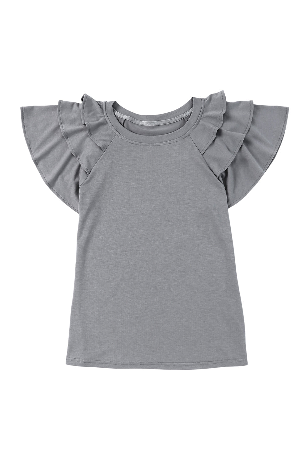 Gray Ruffle Sleeve Casual T-Shirt with Tiered Design