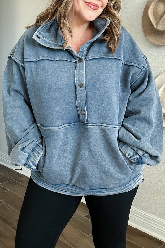 Real Teal Mineral Wash Half Buttons Vintage Patchwork Plus Sweatshirt