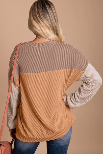 Khaki Color Block Ribbed Top with Long Sleeves