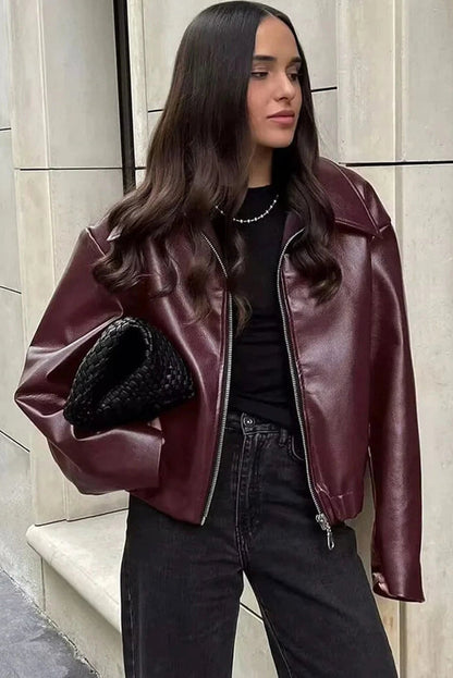 Wild Ginger Retro Elastic Hem Zip Up Leatherette Jacket