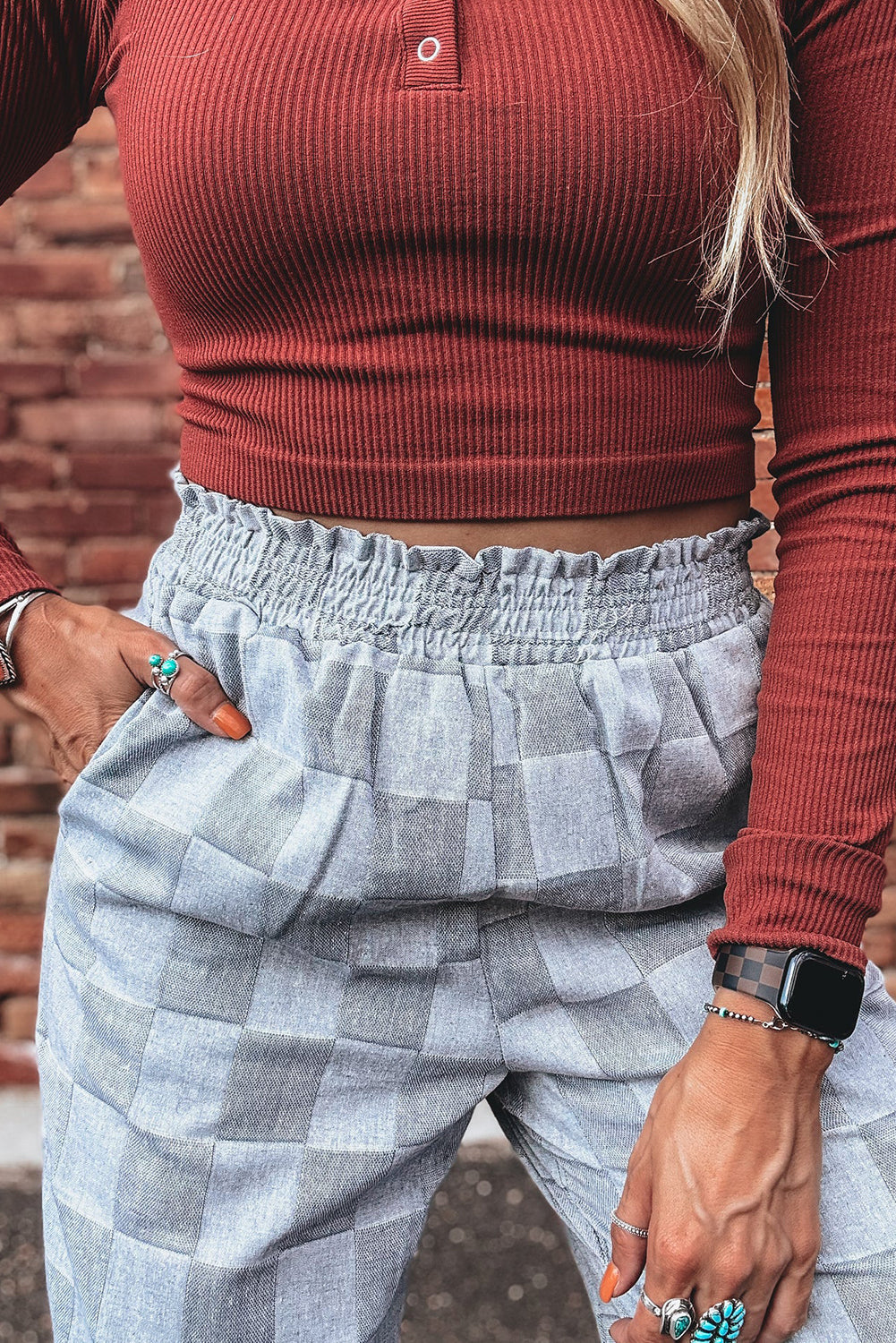 Sky Blue Frilled Elastic Waist Checkered Loose Denim Pants