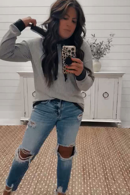 Light Grey Ribbed Knit Contrast Trim Tie Neck Hoodie