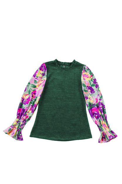 Green Floral Ribbed Frill Neck Long Sleeve Top with a Misty Twist