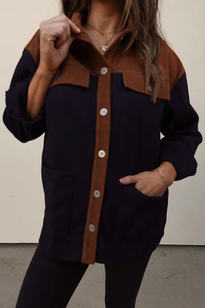 Multicolour Button Flap Detail Color Block Patchwork Corduroy Shacket