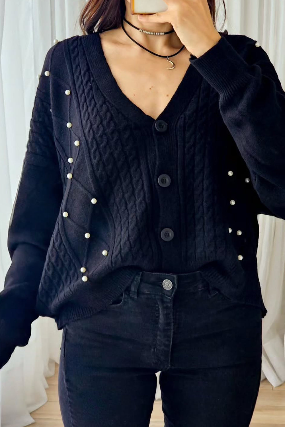 Navy Blue Cable Rhombus Knit Pearl Embellished Button V Neck Cardigan