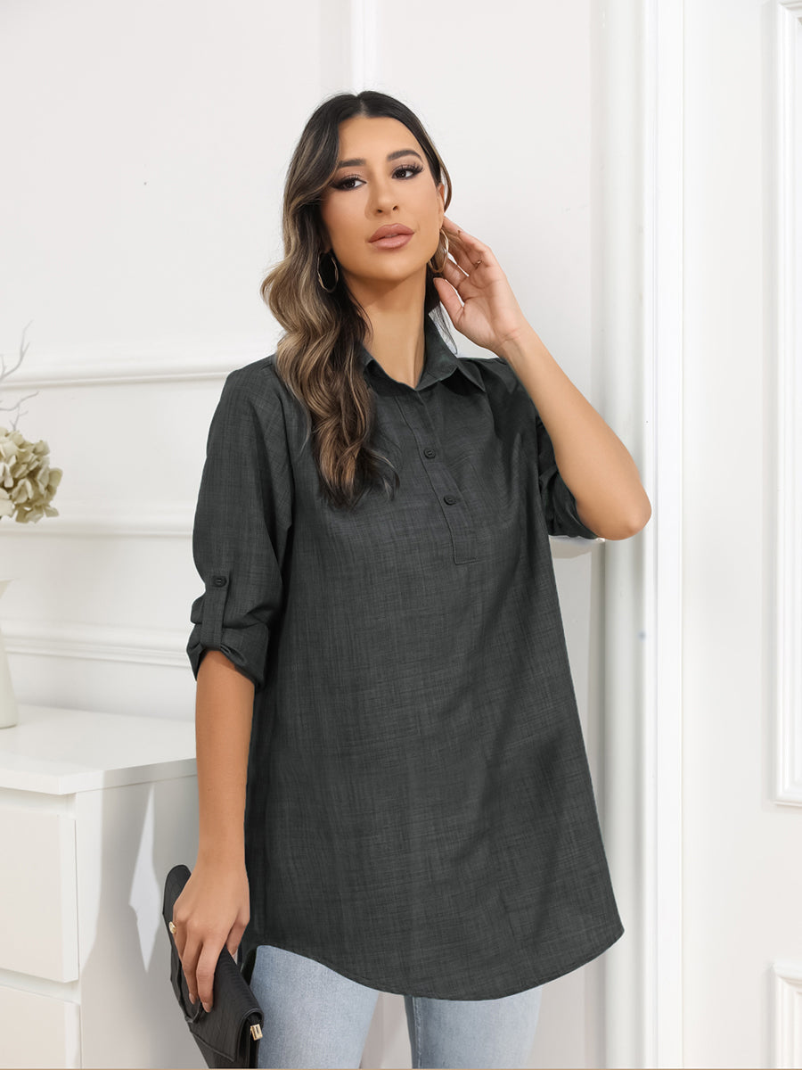 Blouses - Large Size Loose Solid Color Button Long Sleeve Blouse - MsDressly
