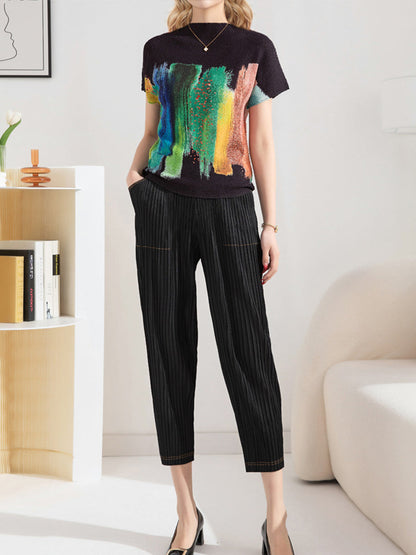 T-Shirts - Embroidered Stretch Print Loose T-Shirt - MsDressly