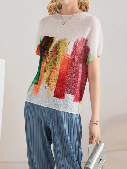 T-Shirts - Embroidered Stretch Print Loose T-Shirt - MsDressly