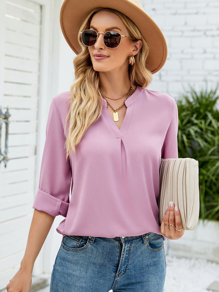 T-Shirts - Solid Color Chiffon Loose V-Neck Long Sleeve T-Shirt - MsDressly