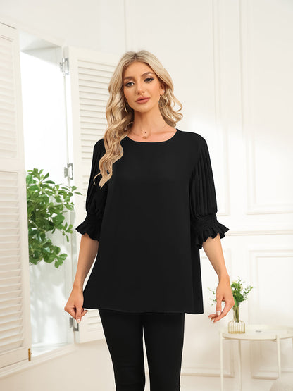 Blouses - Solid Color Round Neck Ruffle Sleeve Chiffon Blouse - MsDressly