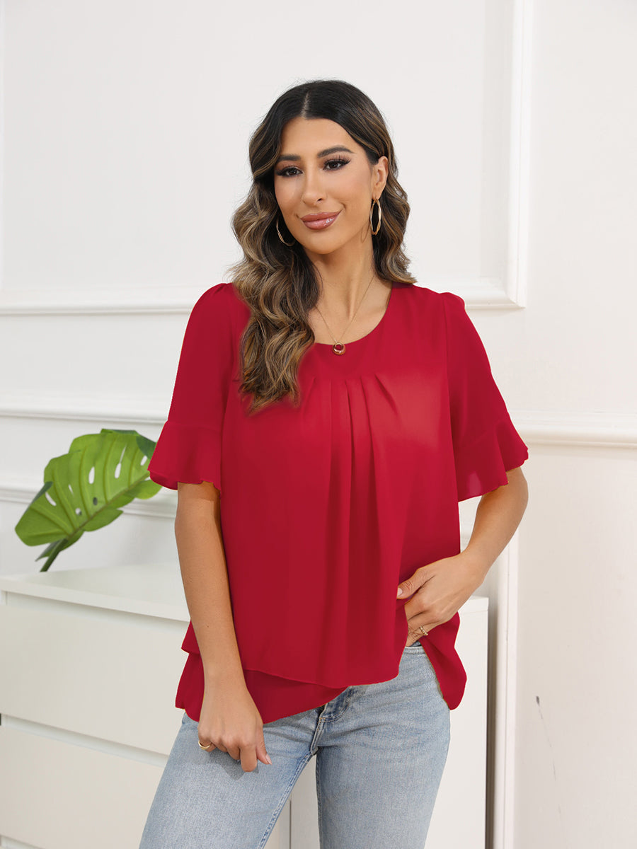 Blouses - Solid Color Round Neck Short Sleeve Pleated Chiffon Blouse - MsDressly