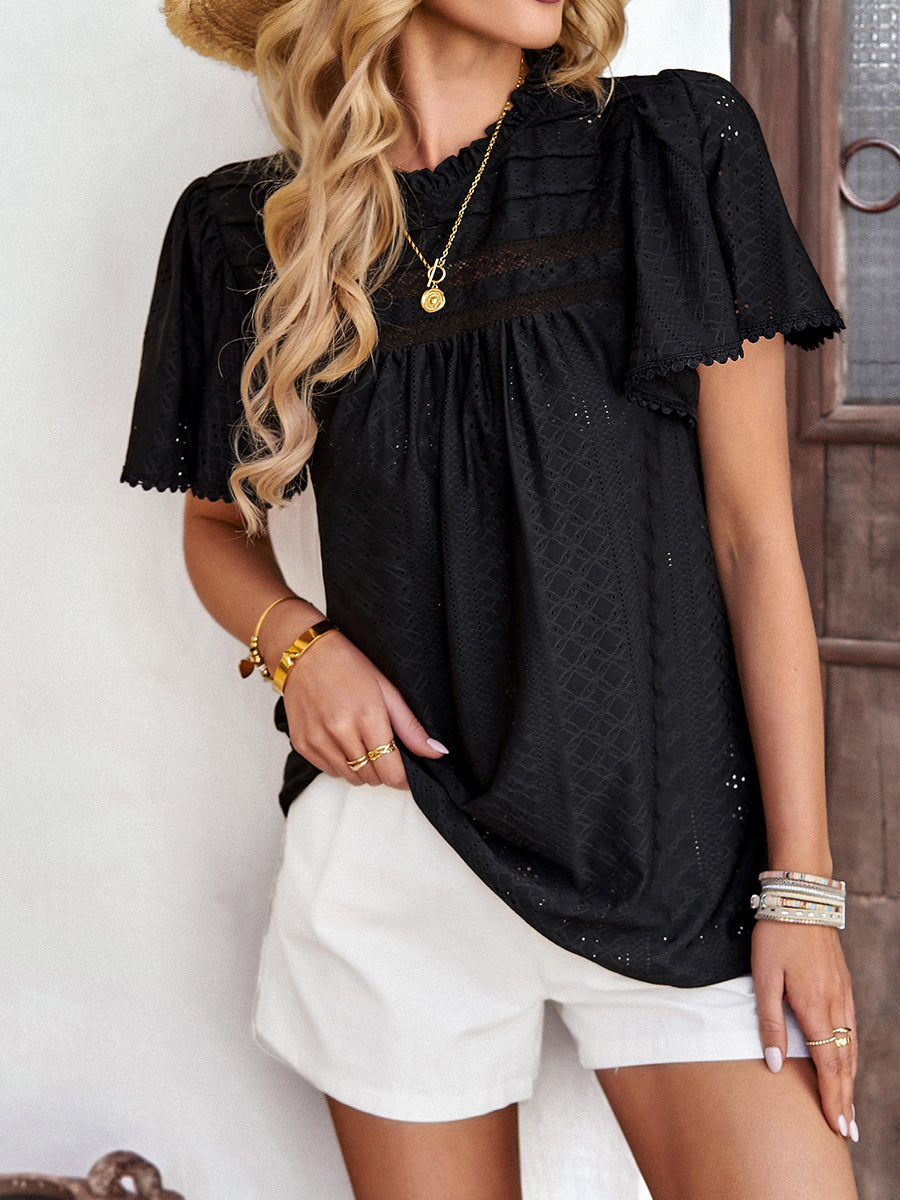 T-Shirts - Casual Solid Color Hollow Round Neck T-Shirt - MsDressly