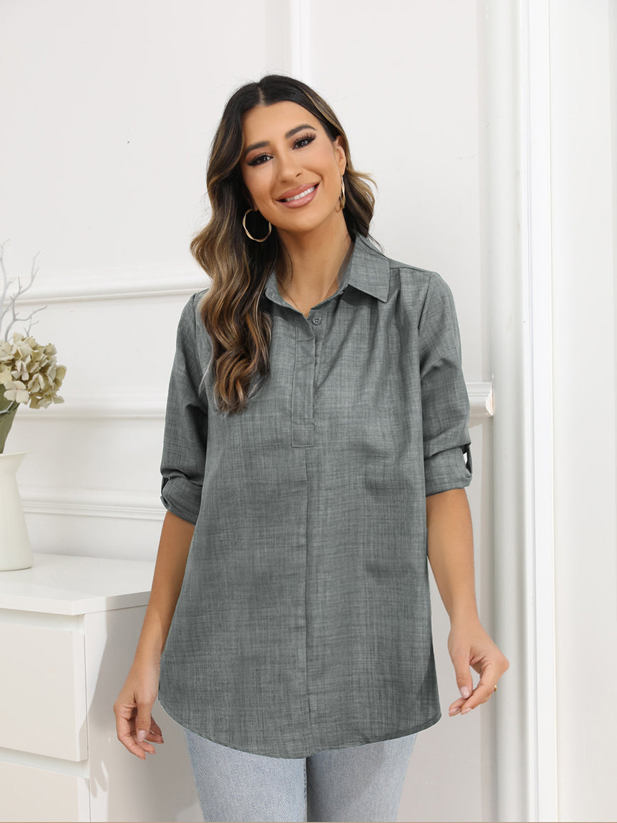 Blouses - Large Size Loose Solid Color Button Long Sleeve Blouse - MsDressly
