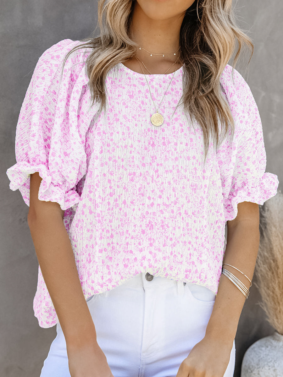T-Shirts - Printed Round Neck Puff Sleeve T-Shirt - MsDressly