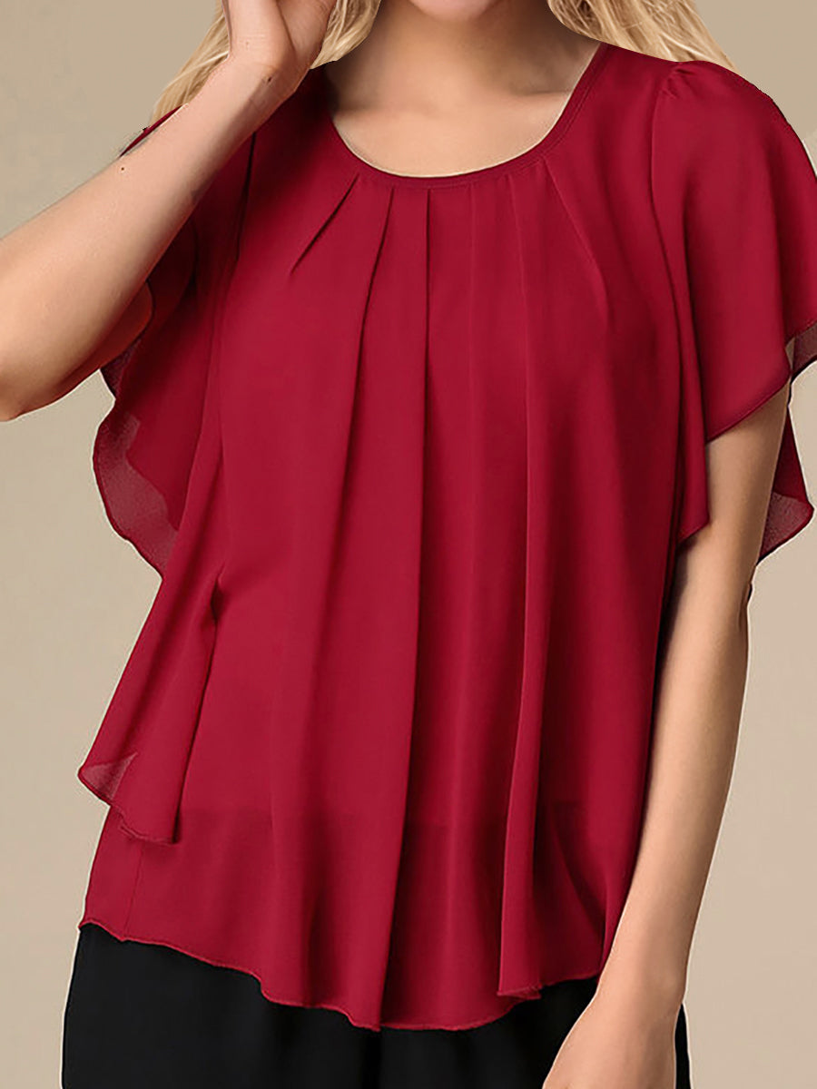 Blouses - Solid Color Round Neck Short Sleeve Loose Chiffon Blouse - MsDressly