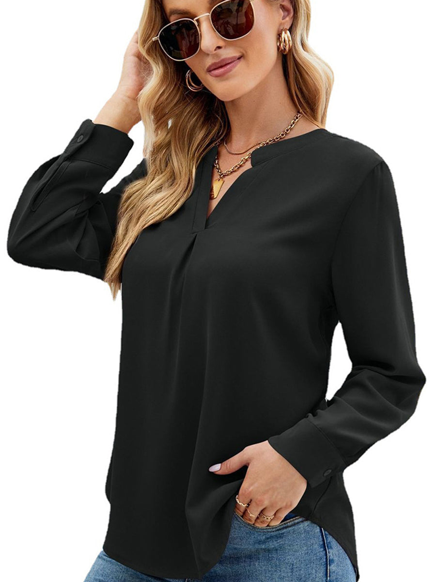 Solid Color Chiffon Loose V-Neck Long Sleeve T-Shirt