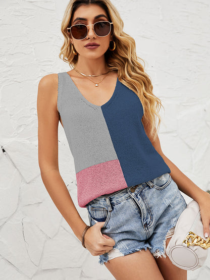 Tank Tops - Tops Stitching Color V-Neck Casual Loose Tank Top - MsDressly