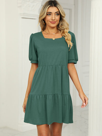 Mini Dresses - Solid Color Square Neck Short Sleeve Loose Stitching Mini Dress - MsDressly