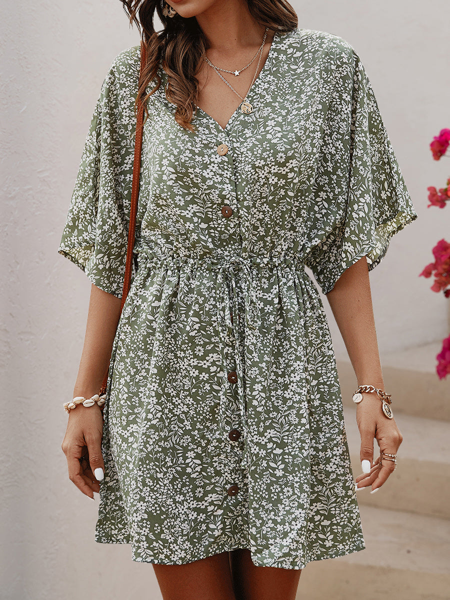 V-Neck Single-Breasted Button Printed Pattern Floral Mini Dress