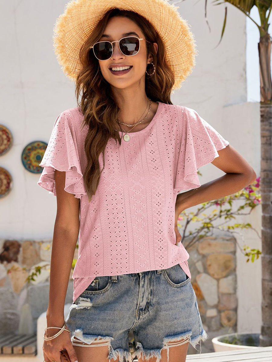 T-Shirts - Hollow Ruffle Sleeve Casual Round Neck T-Shirt - MsDressly
