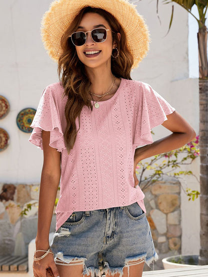 T-Shirts - Hollow Ruffle Sleeve Casual Round Neck T-Shirt - MsDressly