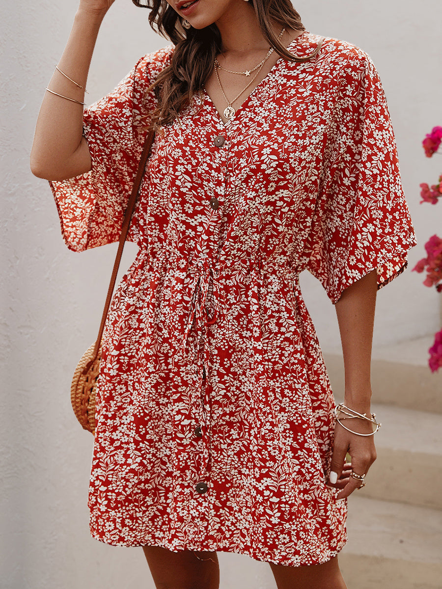 Mini Dresses - V-Neck Single-Breasted Button Printed Pattern Floral Mini Dress - MsDressly