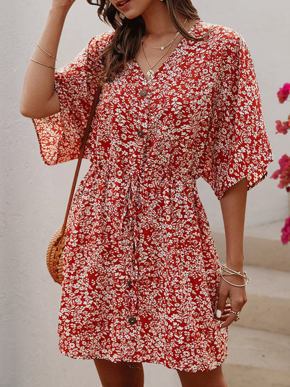 Mini Dresses - V-Neck Single-Breasted Button Printed Pattern Floral Mini Dress - MsDressly