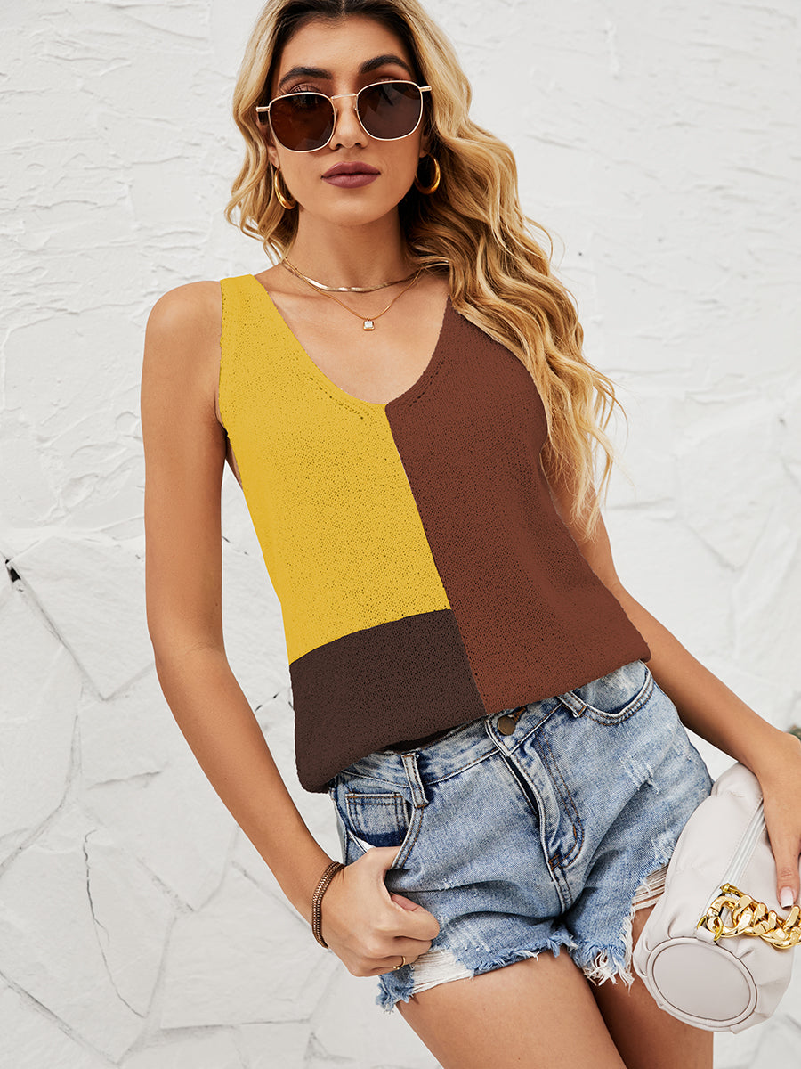 Tank Tops - Tops Stitching Color V-Neck Casual Loose Tank Top - MsDressly