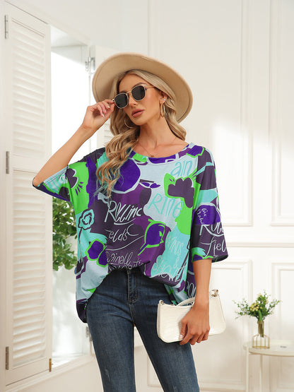 T-Shirts - Round Neck Map Print Short Sleeve T-Shirt - MsDressly