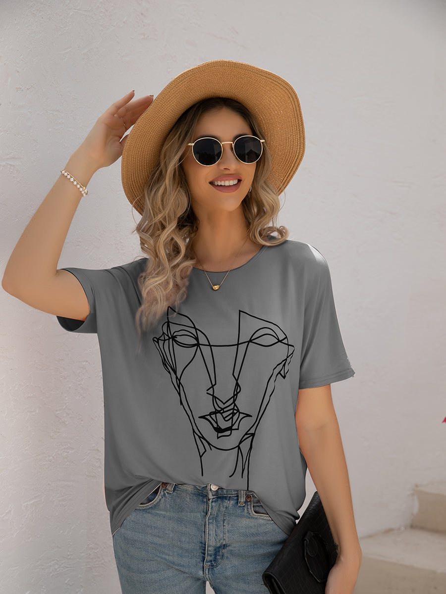 T-Shirts - Loose Printed Dolman Sleeve T-Shirt - MsDressly