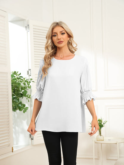 Blouses - Solid Color Round Neck Ruffle Sleeve Chiffon Blouse - MsDressly