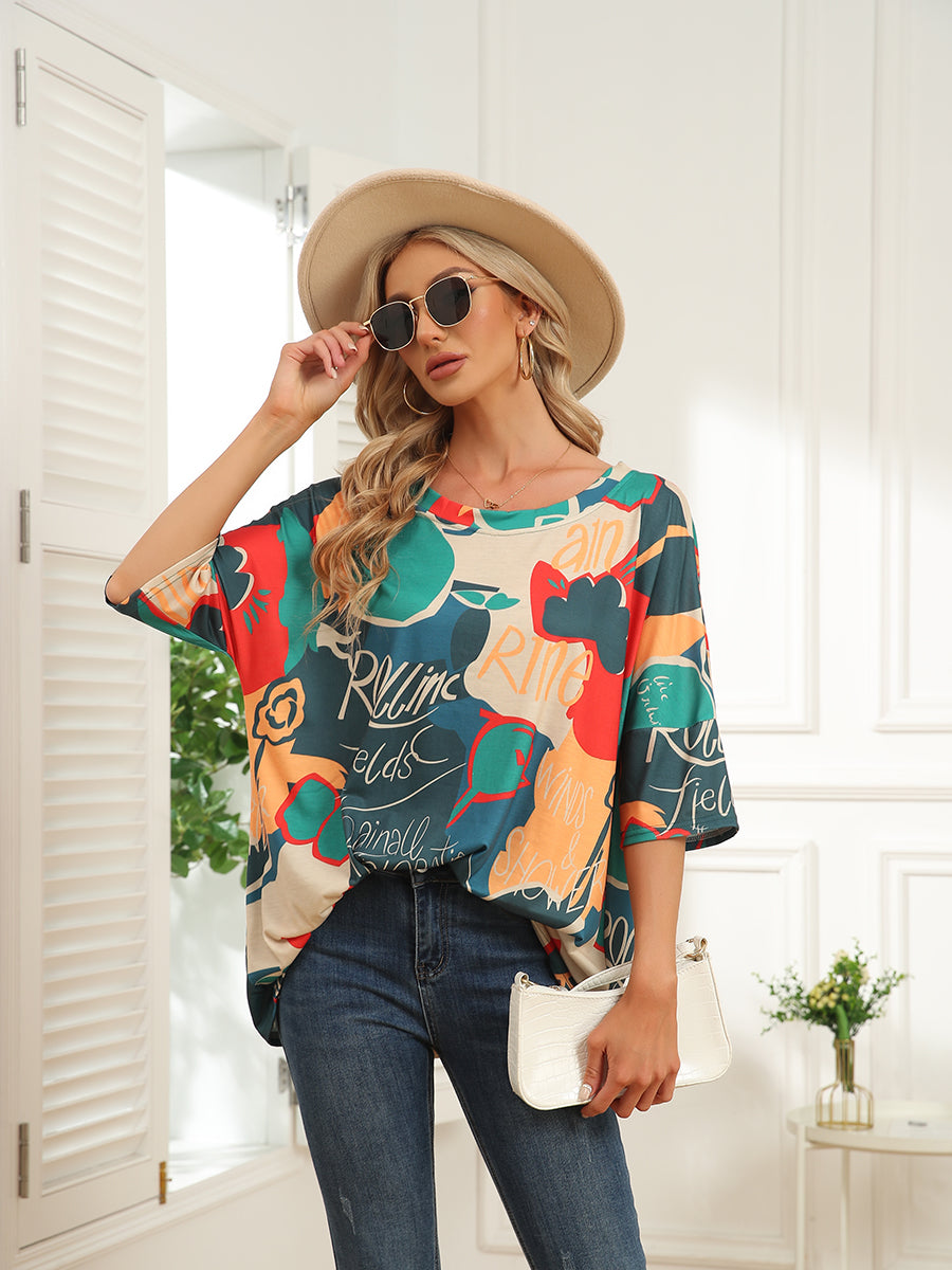 T-Shirts - Round Neck Map Print Short Sleeve T-Shirt - MsDressly