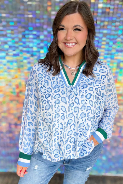 Sky Blue Leopard Print Contrast Striped Edge Plus Size Jumper