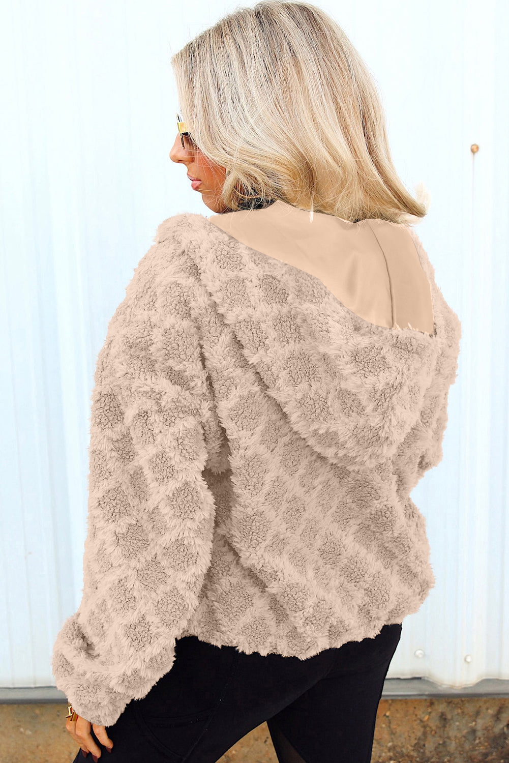 Beige Sherpa Rhombus Zip Up Side Pocket Hooded Jacket