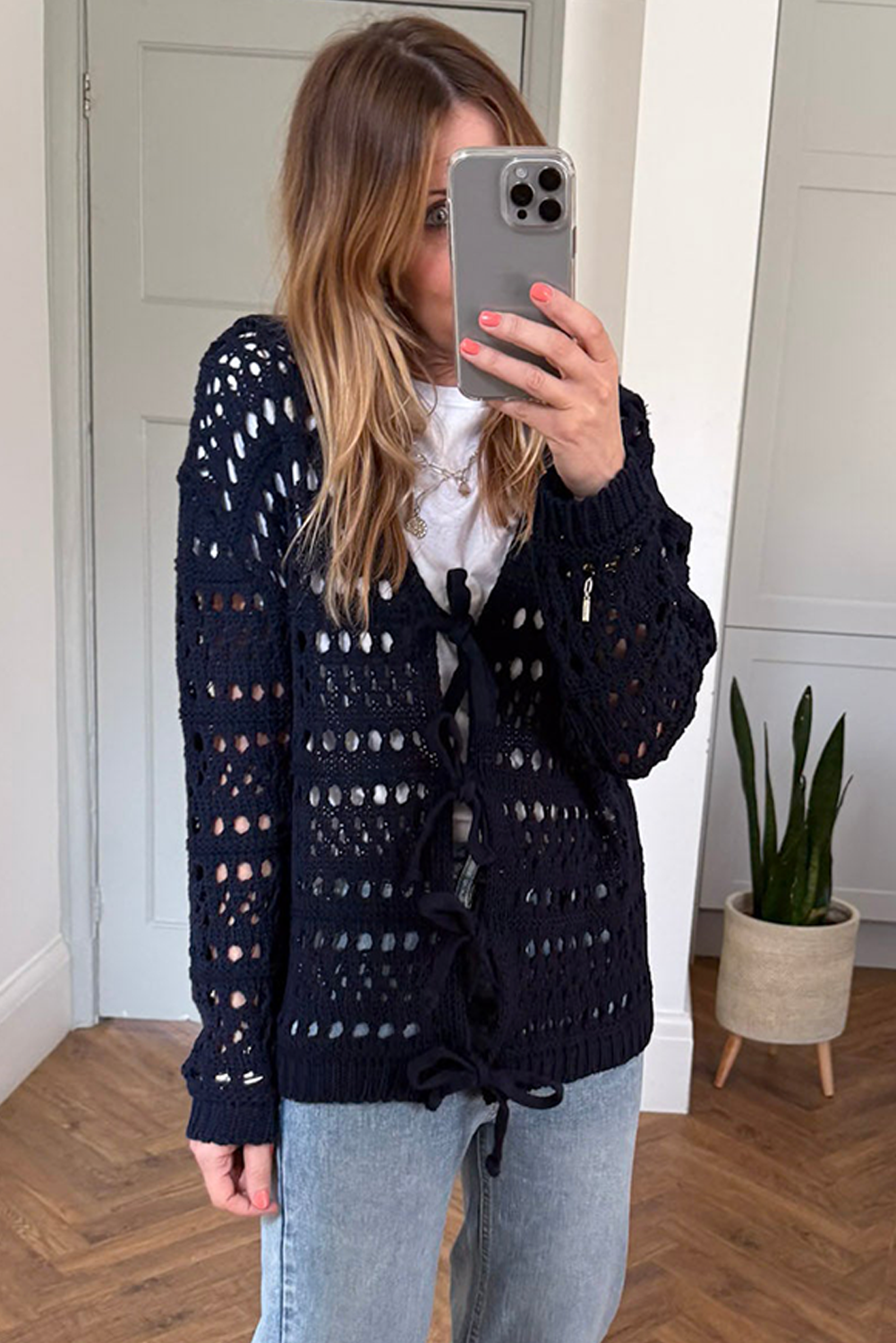 Navy Blue  Crochet Tie Front Cardigan