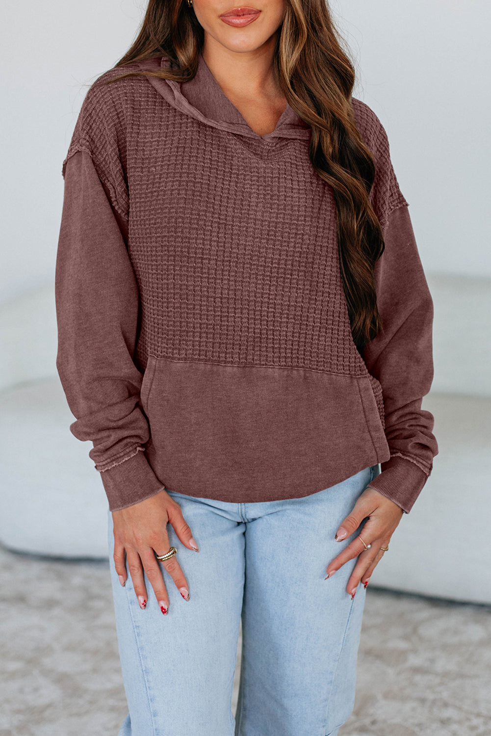 Wild Ginger Solid Color Mineral Wash Contrast Textured Patchwork Kangaroo Pocket Hoodie