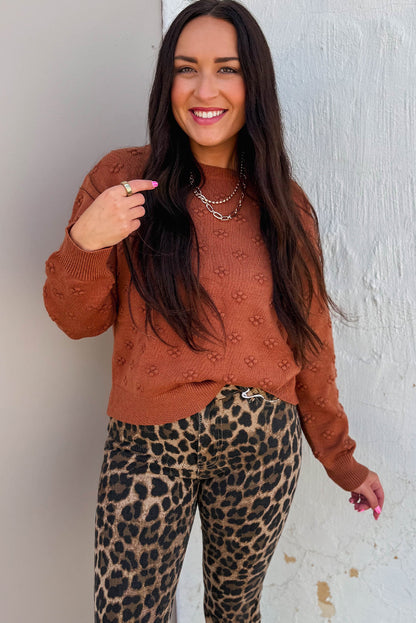 Clay Solid Color Flower Texture Knit Drop Shoulder Sweater