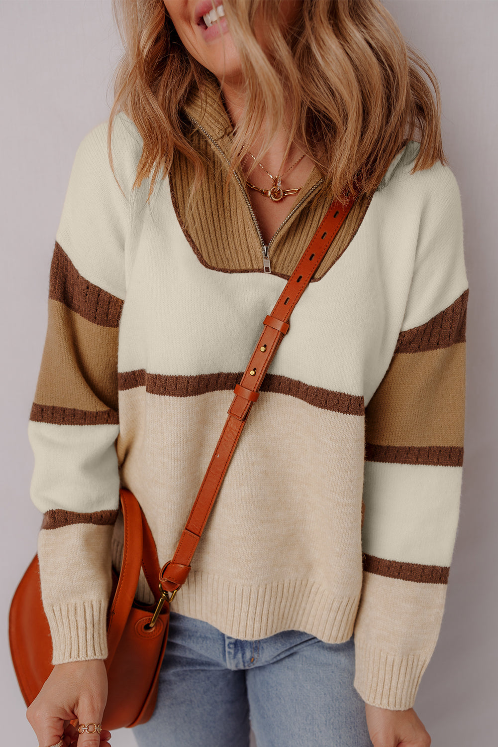 Parchment Colorblock Zipped Collared Pullover Sweater