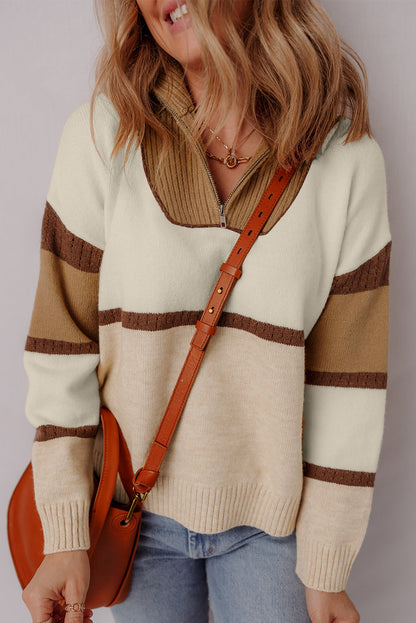 Parchment Colorblock Zipped Collared Pullover Sweater
