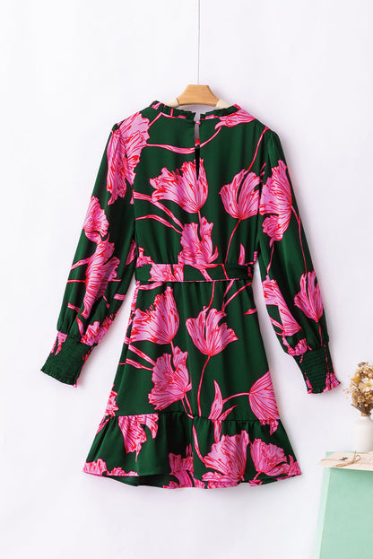 Green Plus Size Shirred Bracelet Sleeve Ruffled Floral Dress