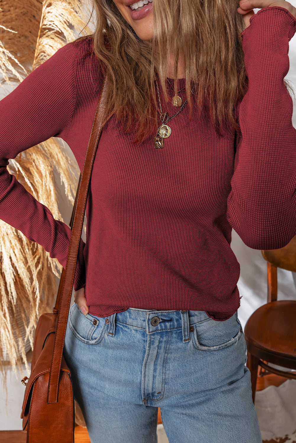 Red Dahlia Waffle Knit Round Neck Long Sleeve Top