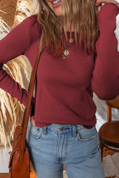Red Dahlia Waffle Knit Round Neck Long Sleeve Top