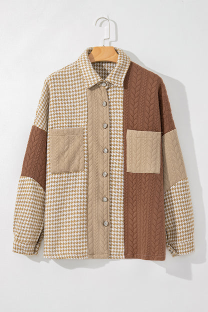 Khaki Houndstooth Color Contrast Textured Patchwork Loose Shacket