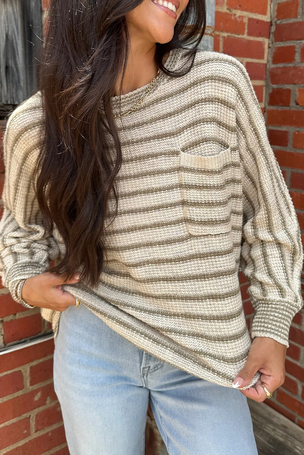 Green Stripe Single Chest Pocket Dolman Knit Sweater