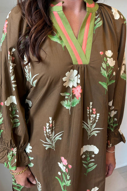 Brown Floral Print Striped Contrasted V Neck Flounced Bracelet Sleeve Shift Dress