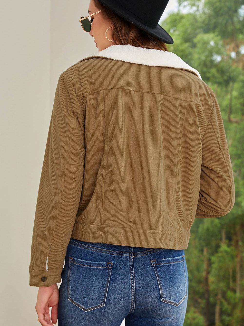 Khaki Corduroy Snap Button Sherpa Lined Jacket