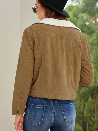 Khaki Corduroy Snap Button Sherpa Lined Jacket