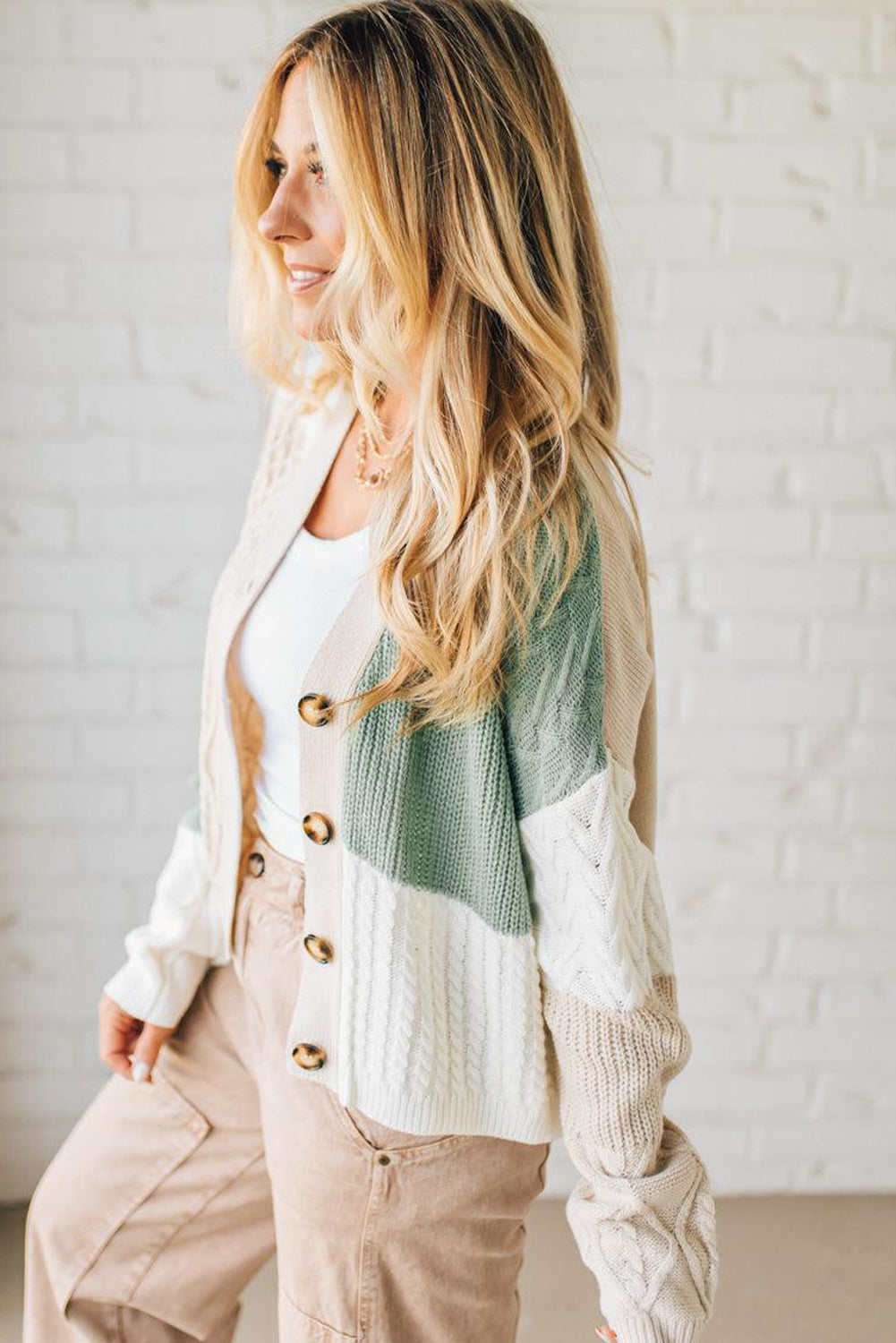 Parchment Mix Texture Knitted Color Block Button Down V Neck Sweater Cardigan