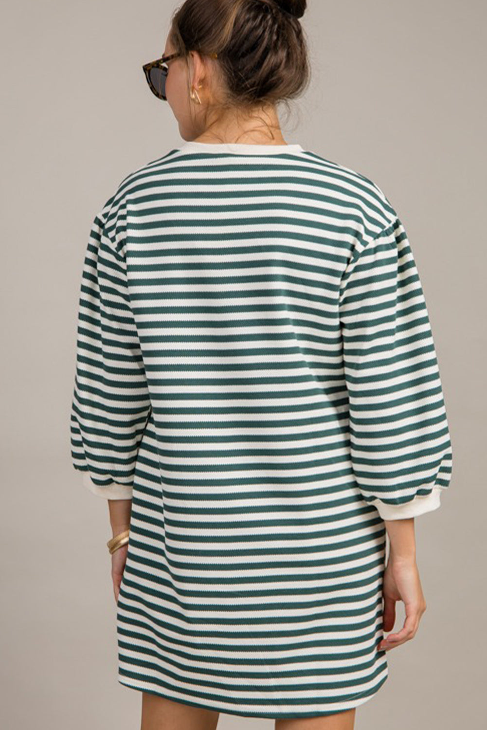 Brown Stripe Puffy Bracelet Sleeve Shift Mini T Shirt Dress